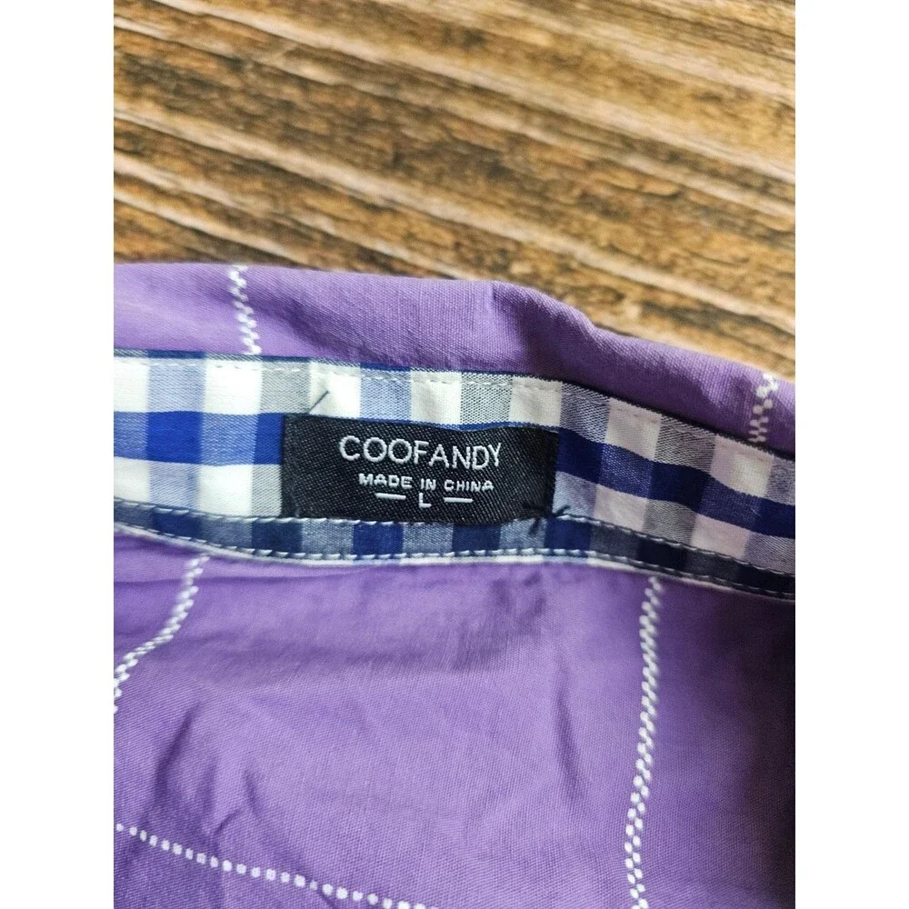 Coofandy Men's L Purple Plaid Button Up Long Sleeve Shirt Cotton Blend READ